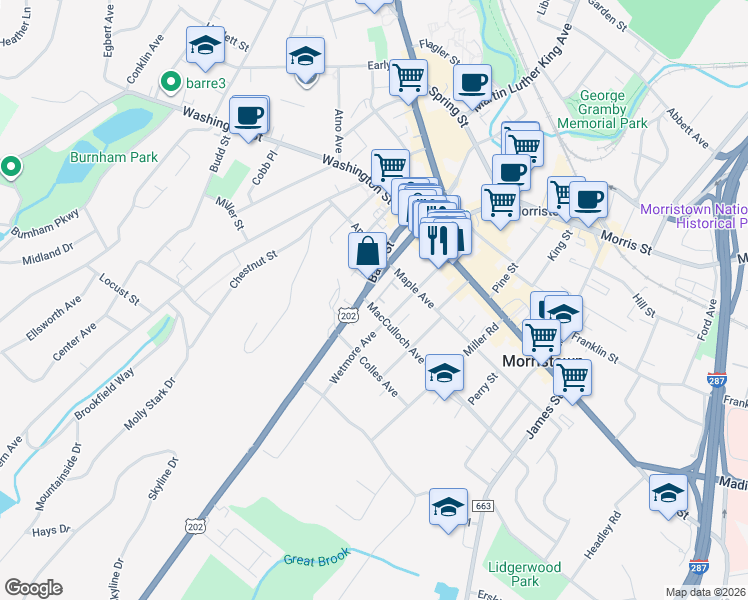 map of restaurants, bars, coffee shops, grocery stores, and more near 2 Mount Kemble Avenue in Morristown
