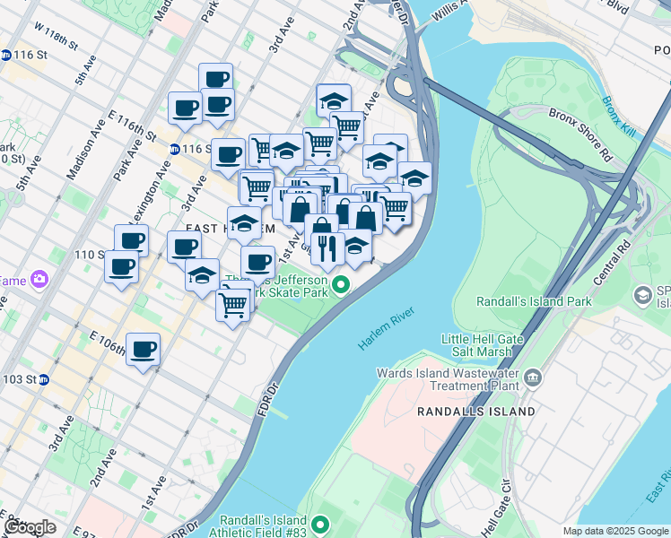 map of restaurants, bars, coffee shops, grocery stores, and more near in New York