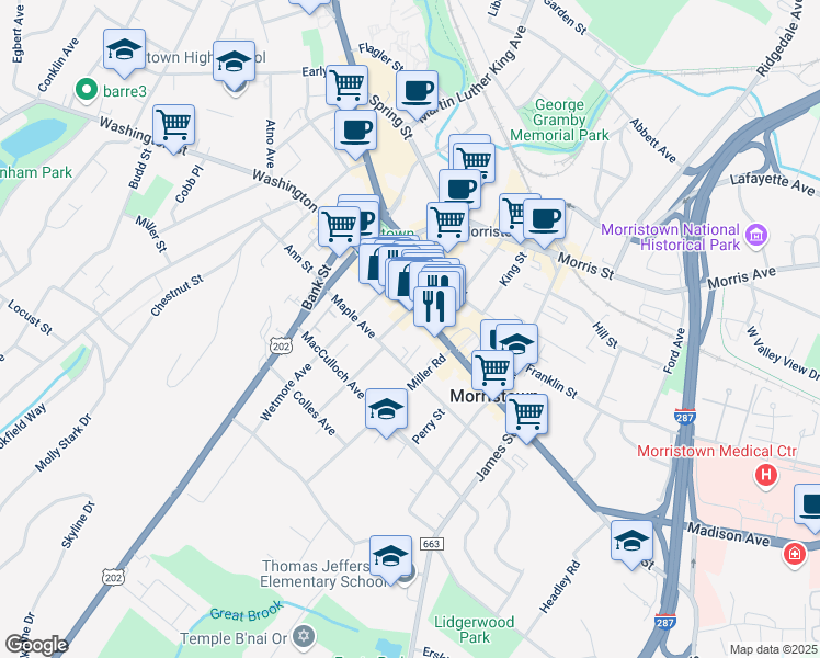 map of restaurants, bars, coffee shops, grocery stores, and more near 65 South Street in Morristown