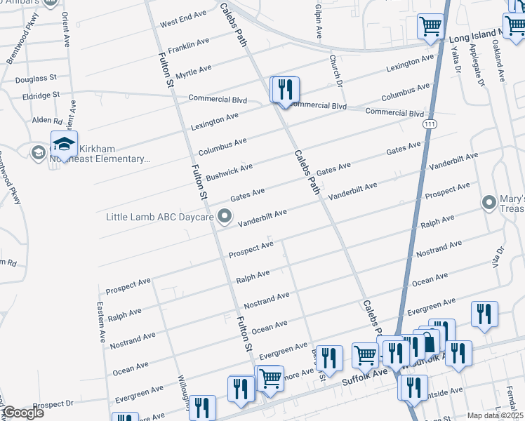 map of restaurants, bars, coffee shops, grocery stores, and more near 285 Vanderbilt Avenue in Brentwood