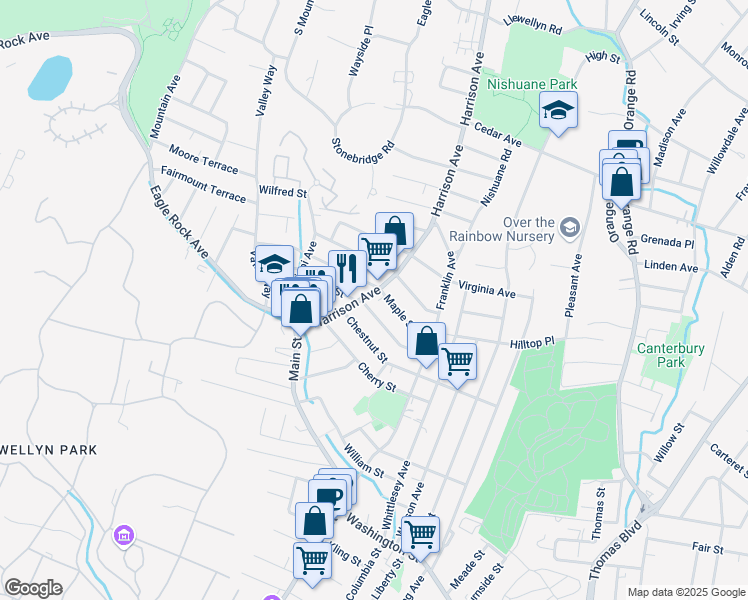 map of restaurants, bars, coffee shops, grocery stores, and more near 62 Harrison Avenue in West Orange