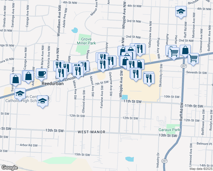 map of restaurants, bars, coffee shops, grocery stores, and more near 4522 7th Street Southwest in Canton