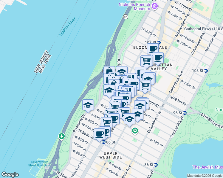 map of restaurants, bars, coffee shops, grocery stores, and more near 317 West 93rd Street in New York