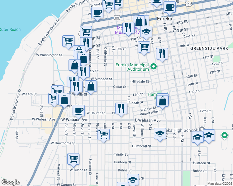 map of restaurants, bars, coffee shops, grocery stores, and more near 1404 B Street in Eureka