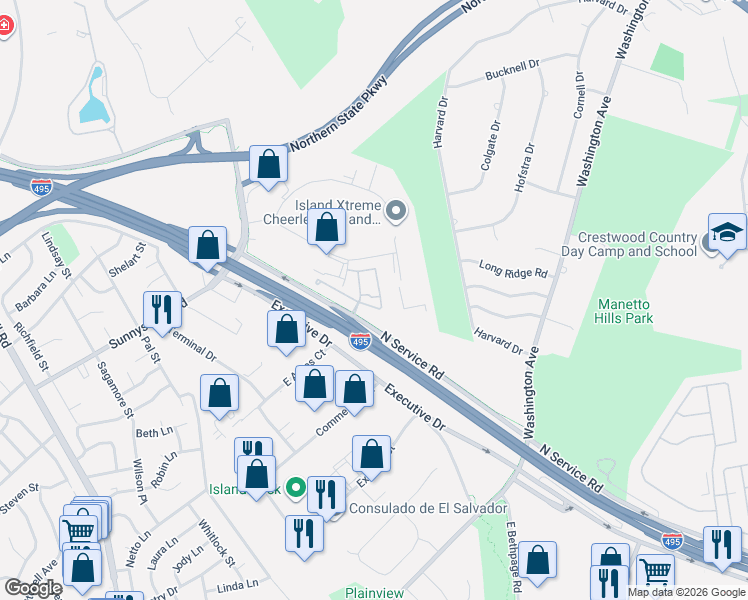 map of restaurants, bars, coffee shops, grocery stores, and more near 31 Autumn Drive in Plainview
