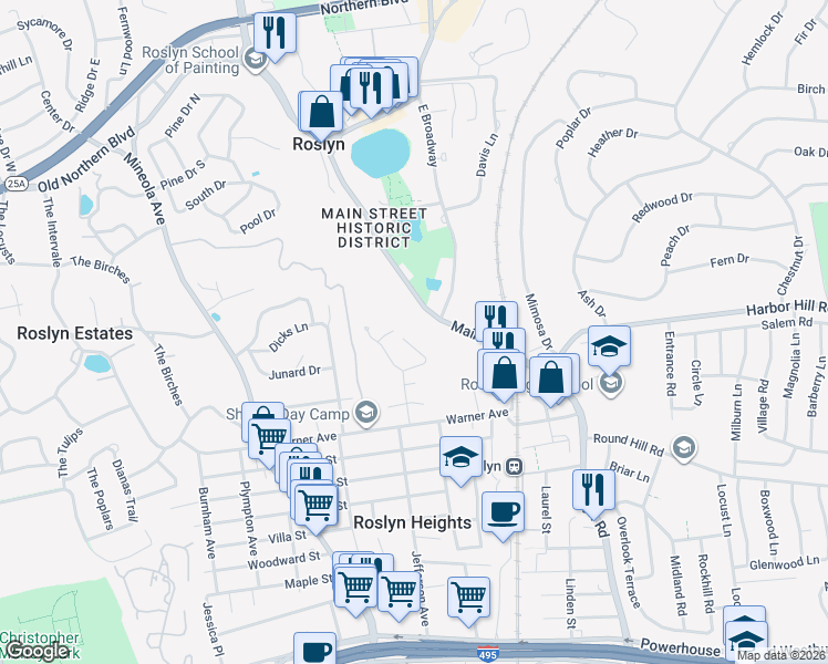 map of restaurants, bars, coffee shops, grocery stores, and more near 300 Edwards Street in Roslyn Heights