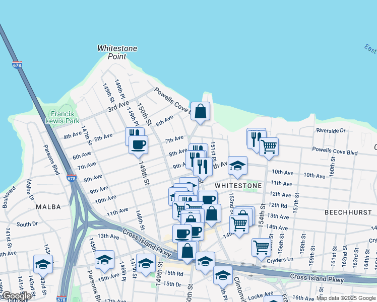 map of restaurants, bars, coffee shops, grocery stores, and more near 8-14 Clintonville Street in Queens