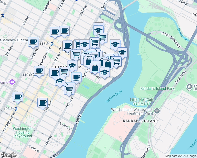 map of restaurants, bars, coffee shops, grocery stores, and more near 280 Pleasant Avenue in New York