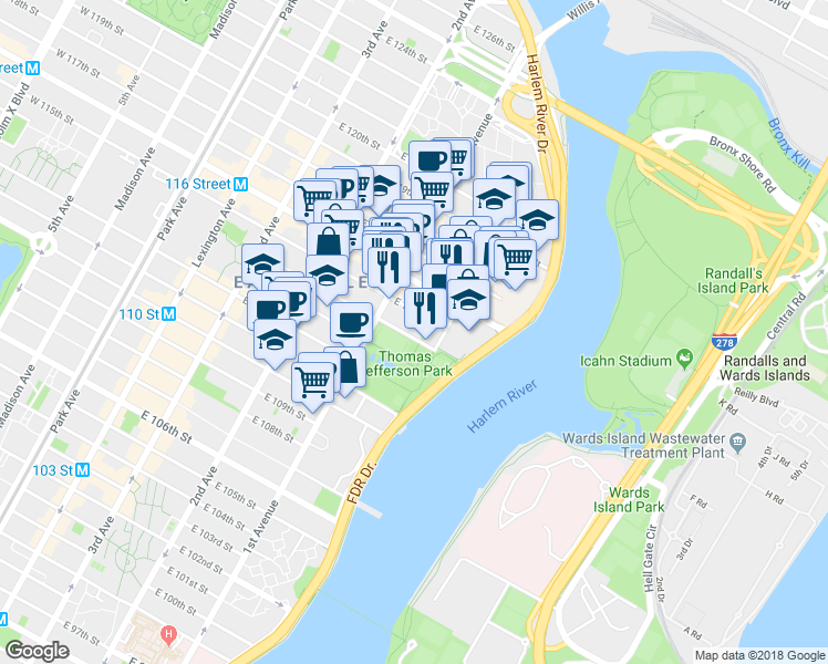 map of restaurants, bars, coffee shops, grocery stores, and more near 429 East 114th Street in New York