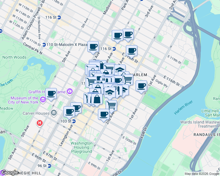 map of restaurants, bars, coffee shops, grocery stores, and more near 205-245 East 109th Street in New York