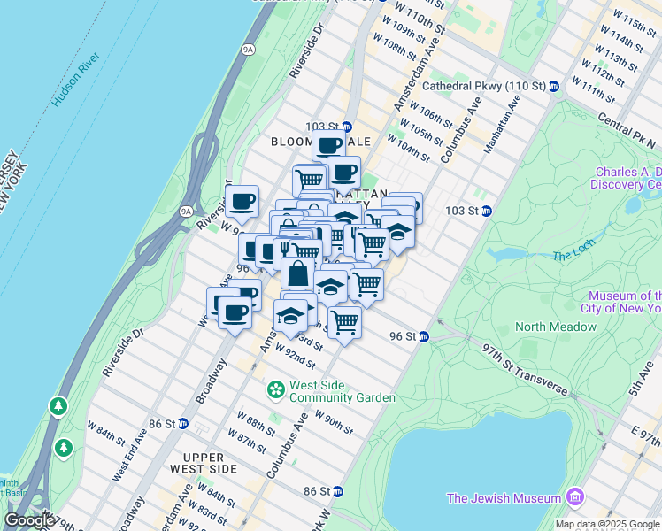 map of restaurants, bars, coffee shops, grocery stores, and more near 743 Amsterdam Avenue in New York