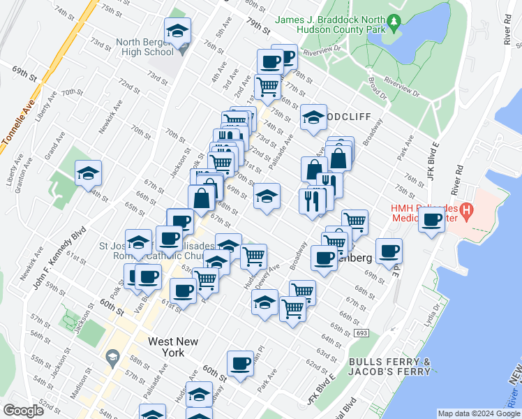 map of restaurants, bars, coffee shops, grocery stores, and more near 315 69th Street in Guttenberg