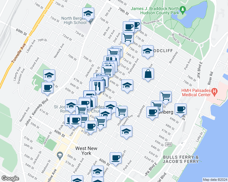 map of restaurants, bars, coffee shops, grocery stores, and more near 340 68th Street in Guttenberg