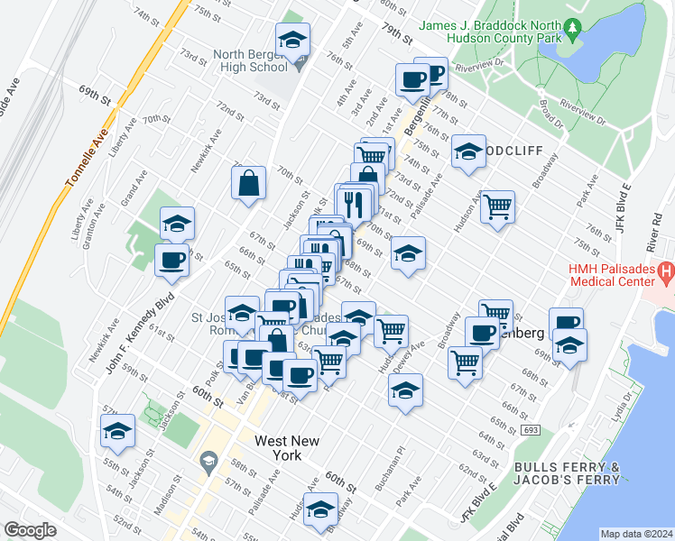 map of restaurants, bars, coffee shops, grocery stores, and more near 439 67th Street in West New York