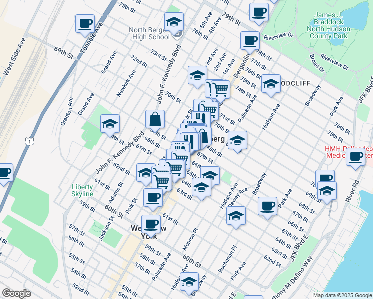 map of restaurants, bars, coffee shops, grocery stores, and more near 509 67th Street in West New York