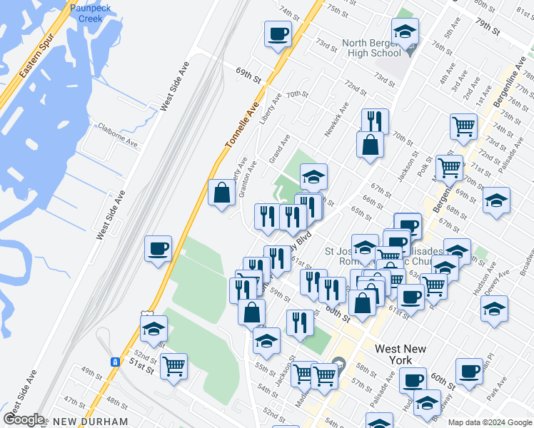 map of restaurants, bars, coffee shops, grocery stores, and more near 6104 Meadowview Avenue in North Bergen