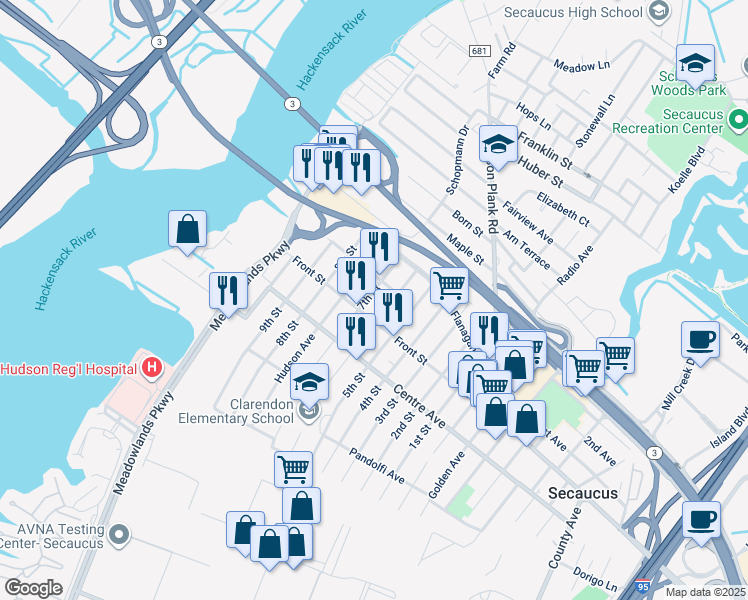 map of restaurants, bars, coffee shops, grocery stores, and more near 298 Front Street in Secaucus