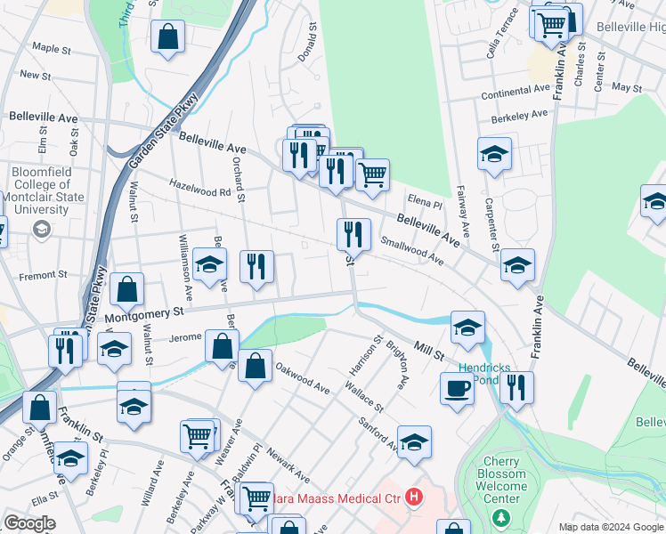 map of restaurants, bars, coffee shops, grocery stores, and more near 21 John Street in Bloomfield