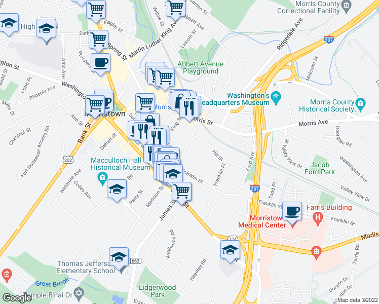 map of restaurants, bars, coffee shops, grocery stores, and more near 20 Elm Street in Morristown