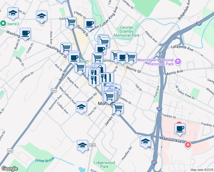 map of restaurants, bars, coffee shops, grocery stores, and more near 110 South Street in Morristown