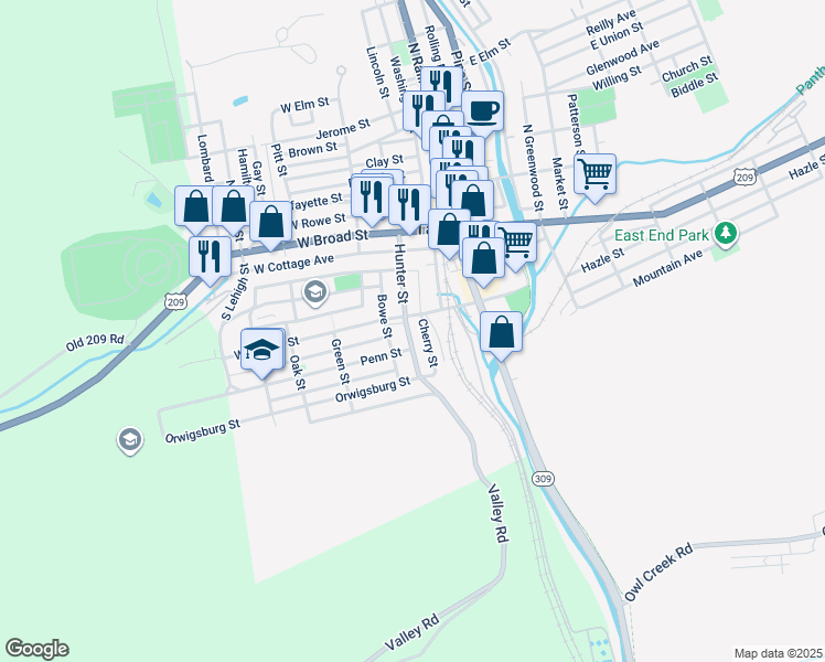 map of restaurants, bars, coffee shops, grocery stores, and more near 119 Hunter Street in Tamaqua