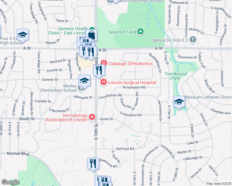 map of restaurants, bars, coffee shops, grocery stores, and more near in Lincoln