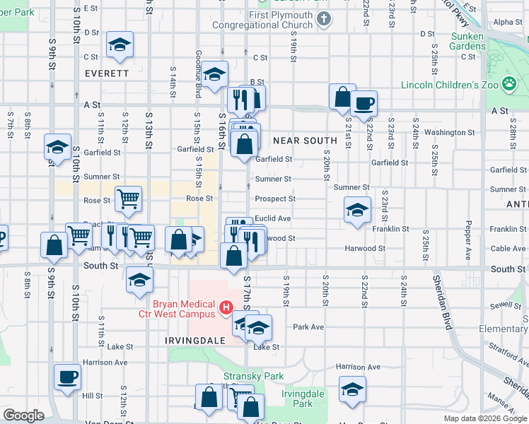 map of restaurants, bars, coffee shops, grocery stores, and more near 1725 Euclid Avenue in Lincoln