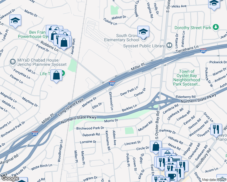 map of restaurants, bars, coffee shops, grocery stores, and more near 20 Elmwood Lane in Syosset