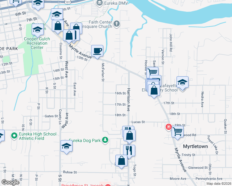 map of restaurants, bars, coffee shops, grocery stores, and more near 16th St & Dean St in Eureka