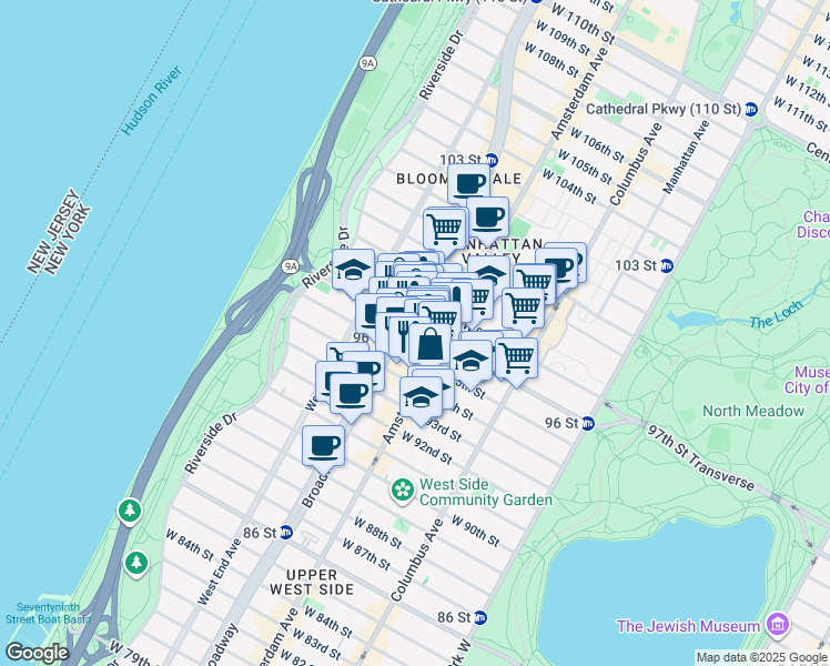 map of restaurants, bars, coffee shops, grocery stores, and more near 210 West 96th Street in New York