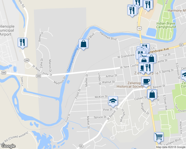 map of restaurants, bars, coffee shops, grocery stores, and more near 125 Chestnut Street in Zelienople