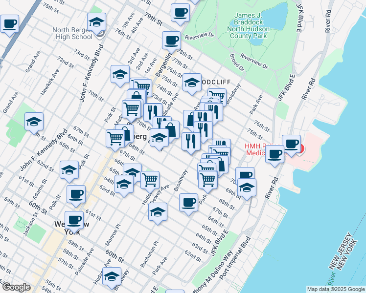 map of restaurants, bars, coffee shops, grocery stores, and more near 233 70th Street in Guttenberg