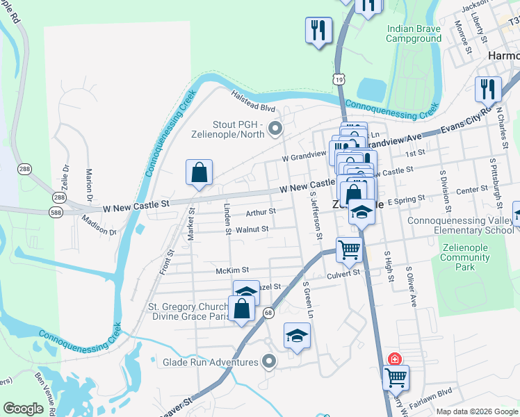 map of restaurants, bars, coffee shops, grocery stores, and more near 240 Arthur Street in Zelienople