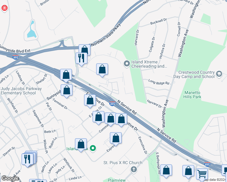 map of restaurants, bars, coffee shops, grocery stores, and more near 34 Autumn Drive in Plainview