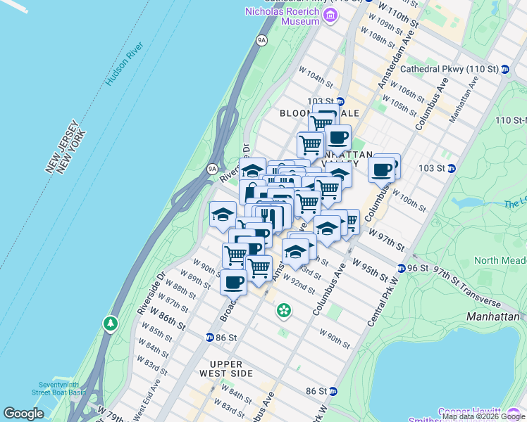 map of restaurants, bars, coffee shops, grocery stores, and more near 262 West 95th Street in New York