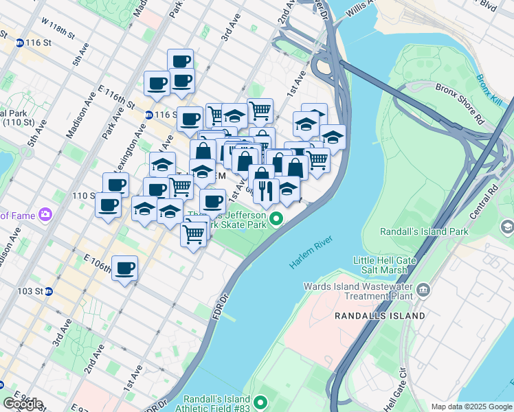 map of restaurants, bars, coffee shops, grocery stores, and more near 429 East 114th Street in New York