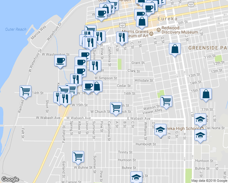 map of restaurants, bars, coffee shops, grocery stores, and more near 18 West 14th Street in Eureka