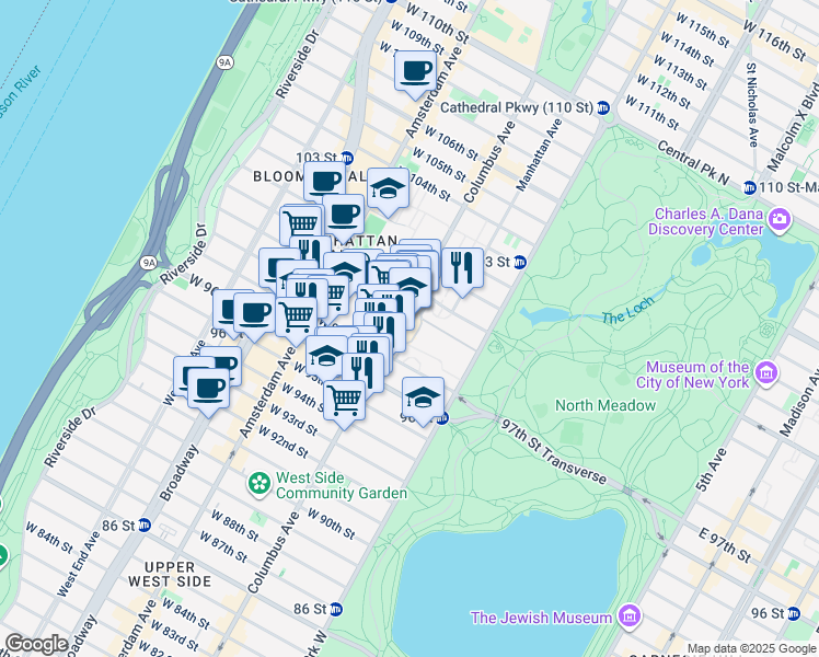 map of restaurants, bars, coffee shops, grocery stores, and more near 795 Columbus Avenue in New York