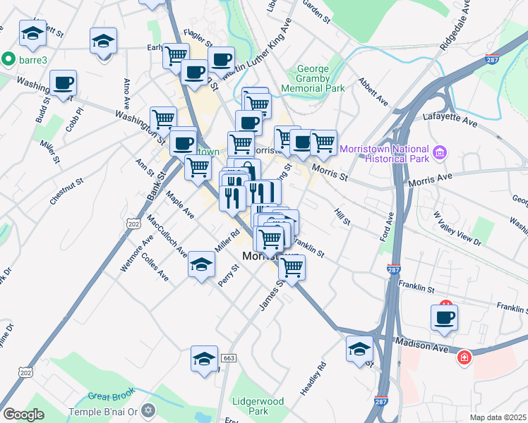 map of restaurants, bars, coffee shops, grocery stores, and more near 110 South Street in Morristown
