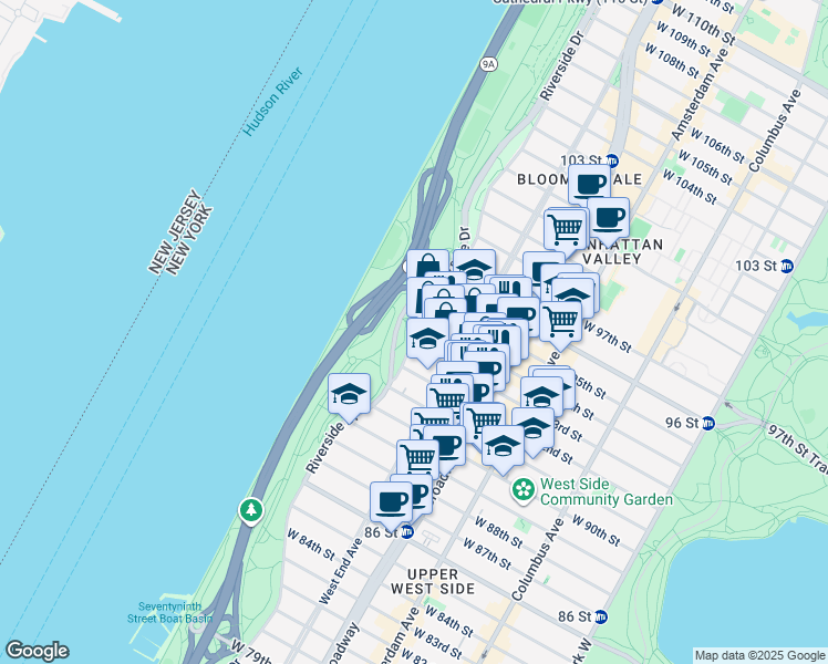 map of restaurants, bars, coffee shops, grocery stores, and more near 214 Riverside Drive in New York