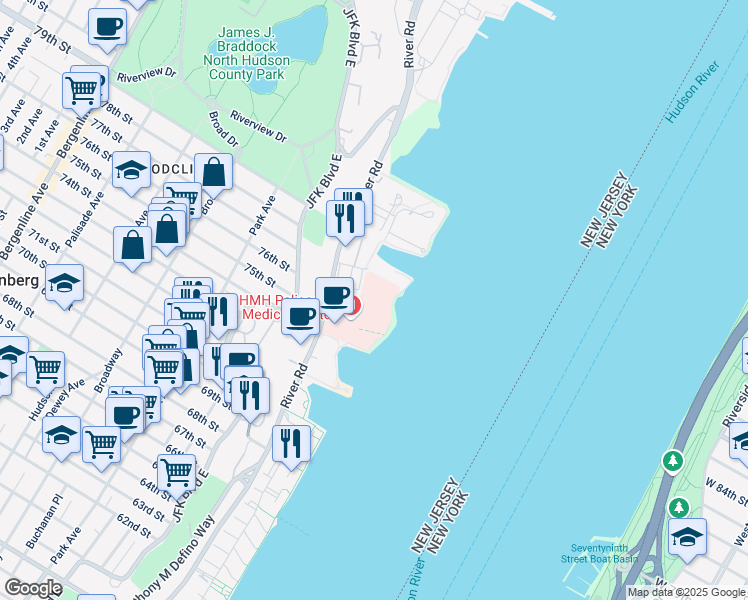 map of restaurants, bars, coffee shops, grocery stores, and more near 7650 River Road in North Bergen