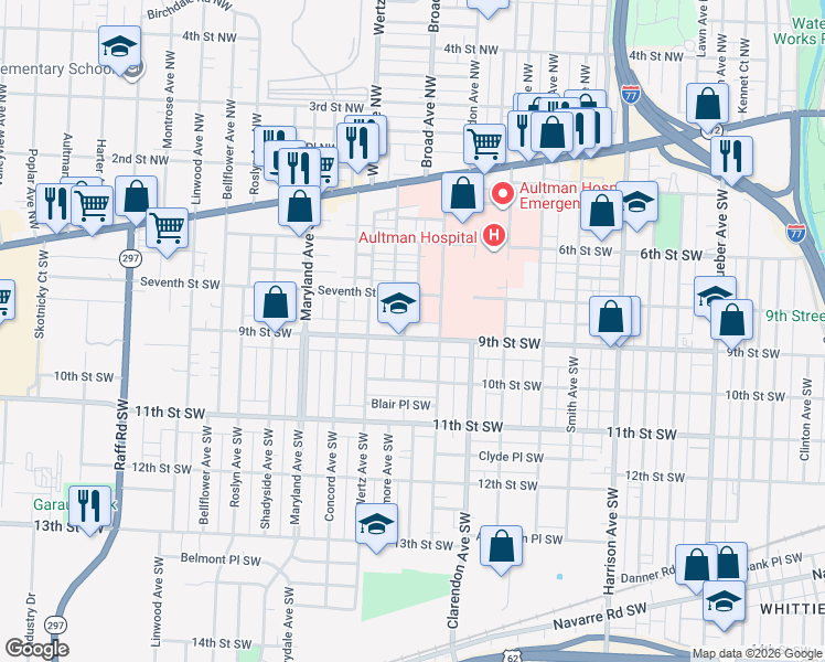 map of restaurants, bars, coffee shops, grocery stores, and more near 2727 9th Street Southwest in Canton