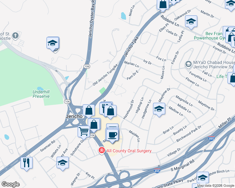 map of restaurants, bars, coffee shops, grocery stores, and more near 51 Manors Drive in Jericho