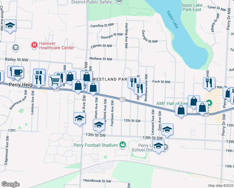 map of restaurants, bars, coffee shops, grocery stores, and more near 3830 Lincoln Way East in Massillon