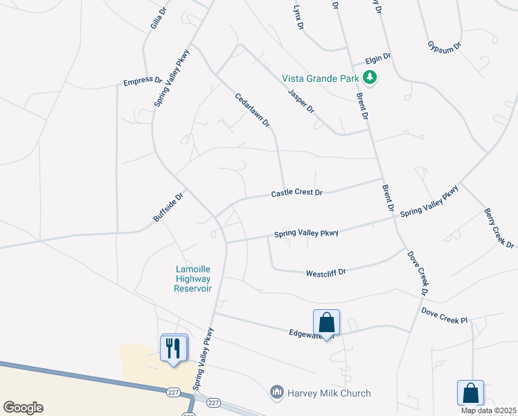map of restaurants, bars, coffee shops, grocery stores, and more near 522 Castlecrest Drive in Spring Creek