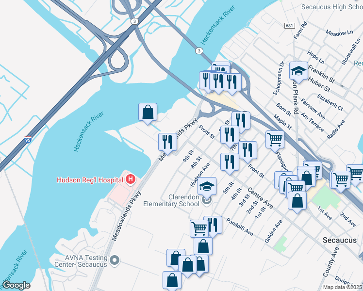 map of restaurants, bars, coffee shops, grocery stores, and more near 724 10th Street in Secaucus