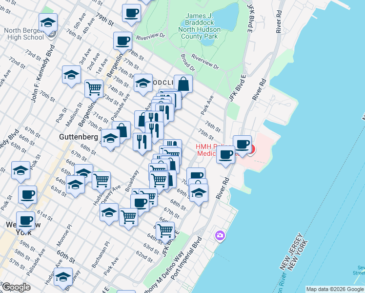map of restaurants, bars, coffee shops, grocery stores, and more near 7203 Park Avenue in North Bergen