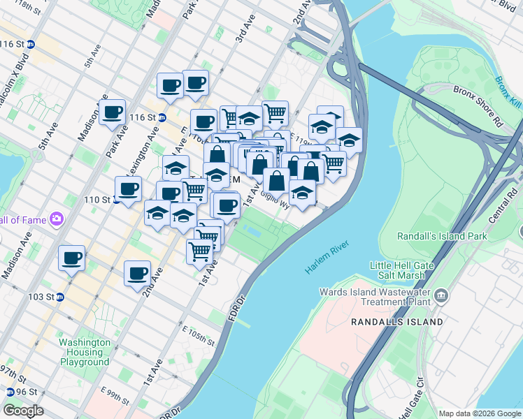 map of restaurants, bars, coffee shops, grocery stores, and more near East 114th Street in New York