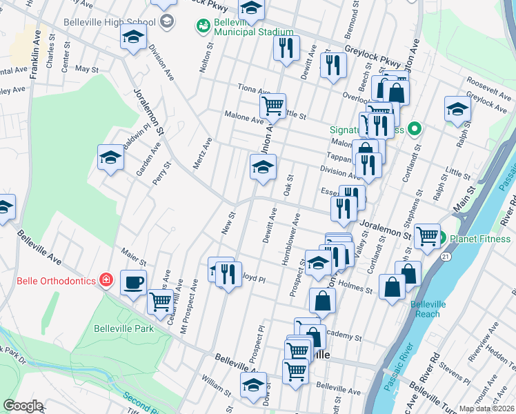 map of restaurants, bars, coffee shops, grocery stores, and more near 205 Dewitt Avenue in Belleville