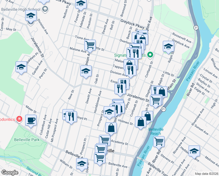 map of restaurants, bars, coffee shops, grocery stores, and more near 159 Joralemon Street in Belleville